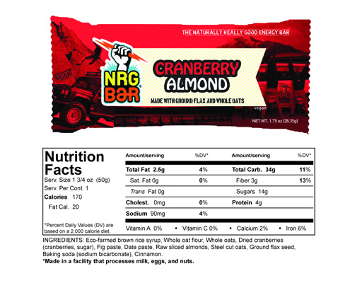 NRG BAR Cranberry Almond Naturally Really Good Energy Bar Nutritional Values